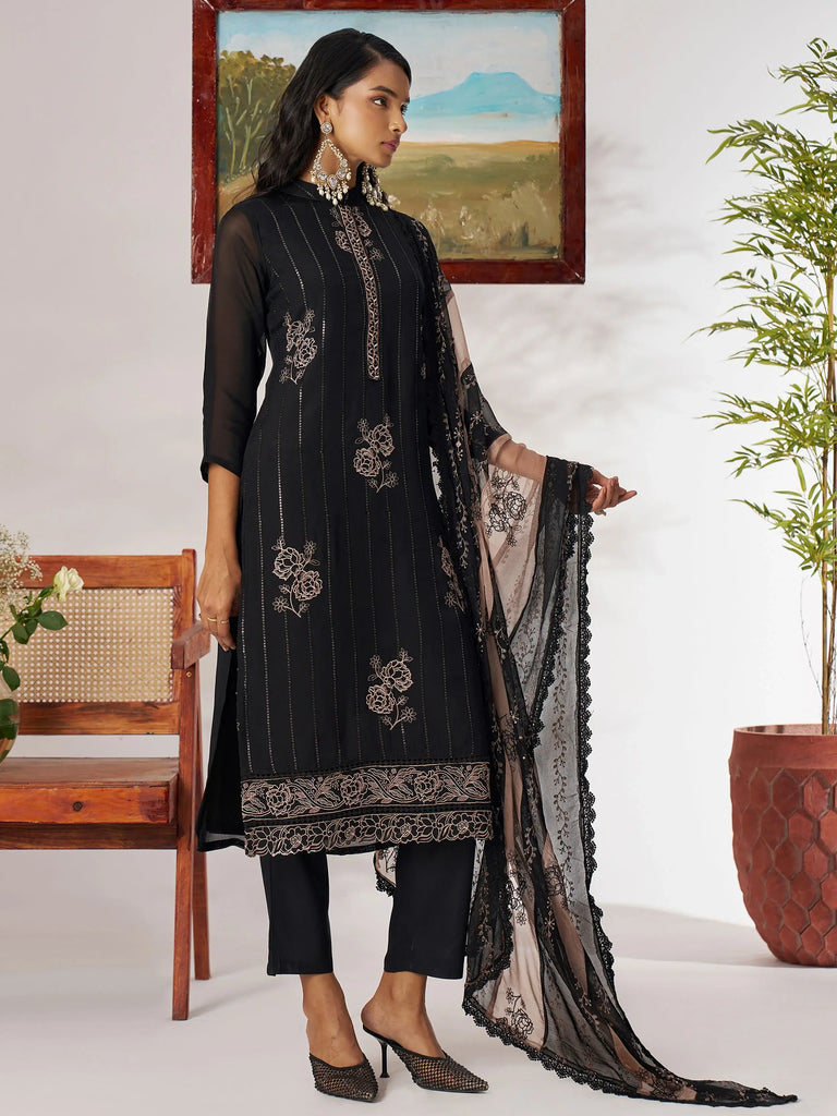 Chic Black Pure Organza Embroidered Festival Wear Straight Suit