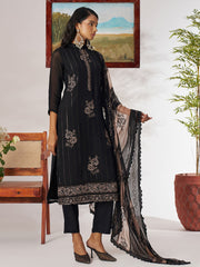Chic Black Pure Organza Embroidered Festival Wear Straight Suit