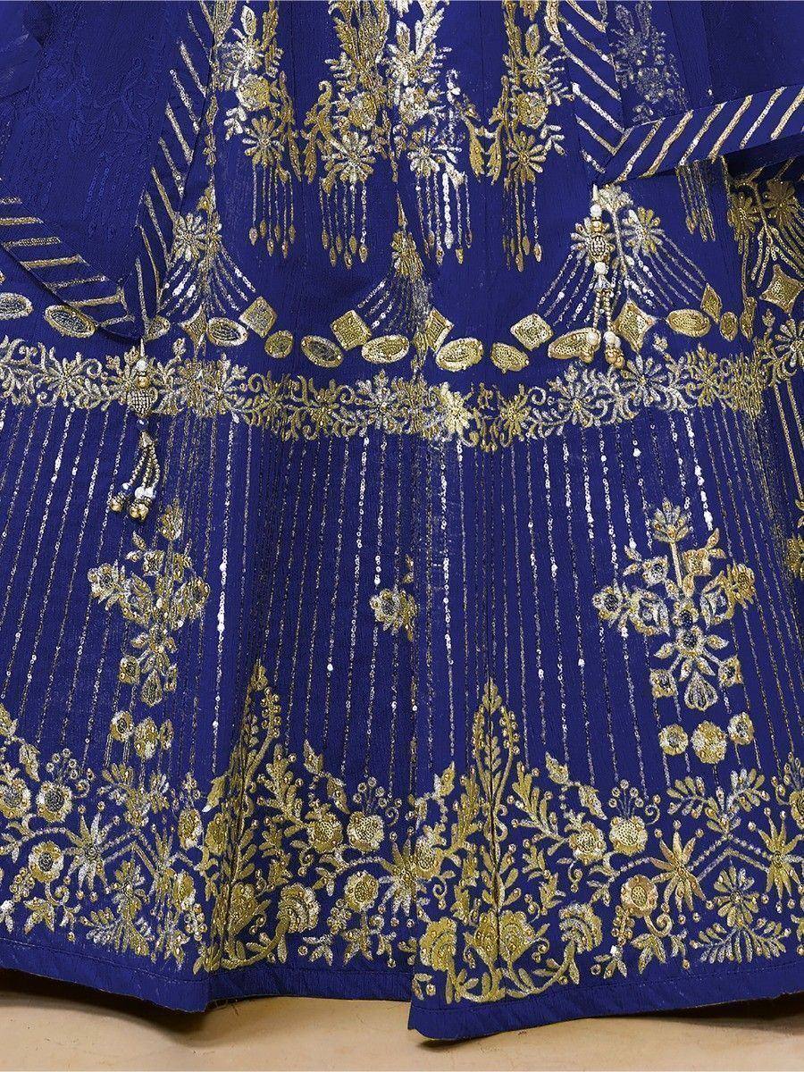 Royal blue lehenga with gold embroidery and sequin detailing for Indian ethnic wear