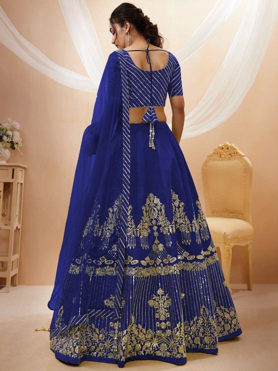 Royal blue lehenga choli with gold embroidery, back view, ethnic Indian wear for weddings