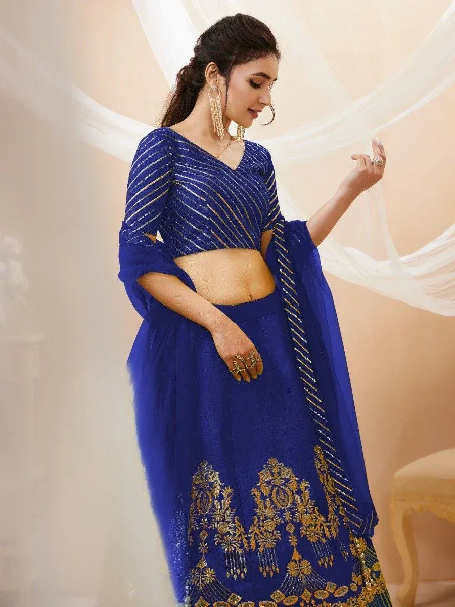 Royal blue designer lehenga choli with gold embroidery, perfect for Indian ethnic wear occasions