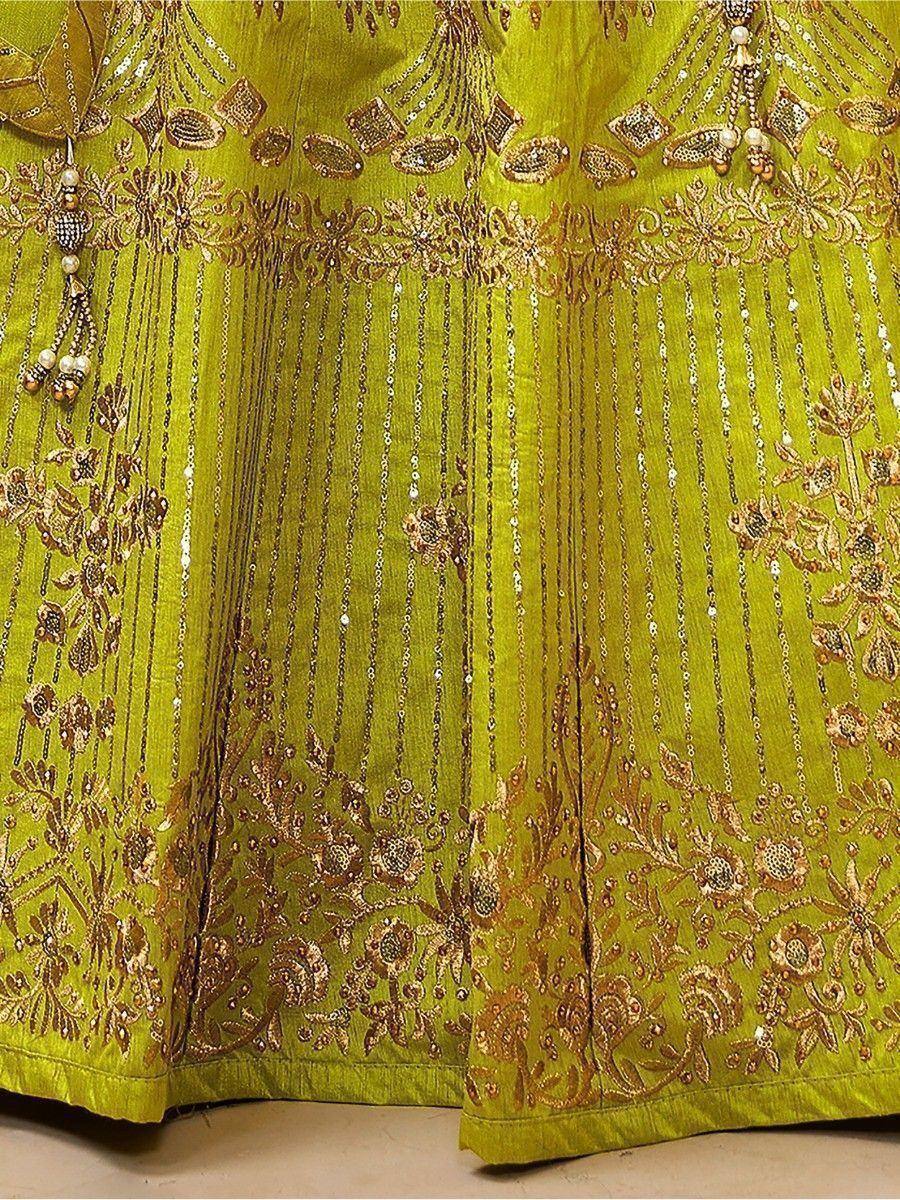 Lime green lehenga with gold floral embroidery and beadwork, Indian ethnic wear