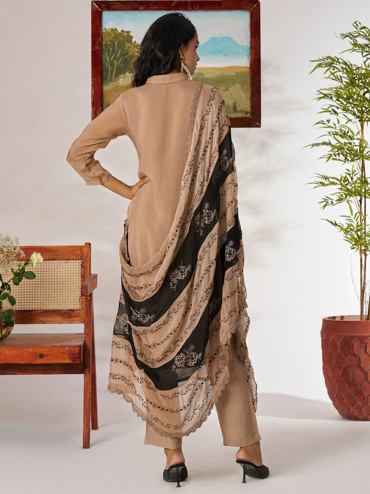 Beige and black embroidered salwar kameez with floral dupatta, stylish Indian ethnic wear