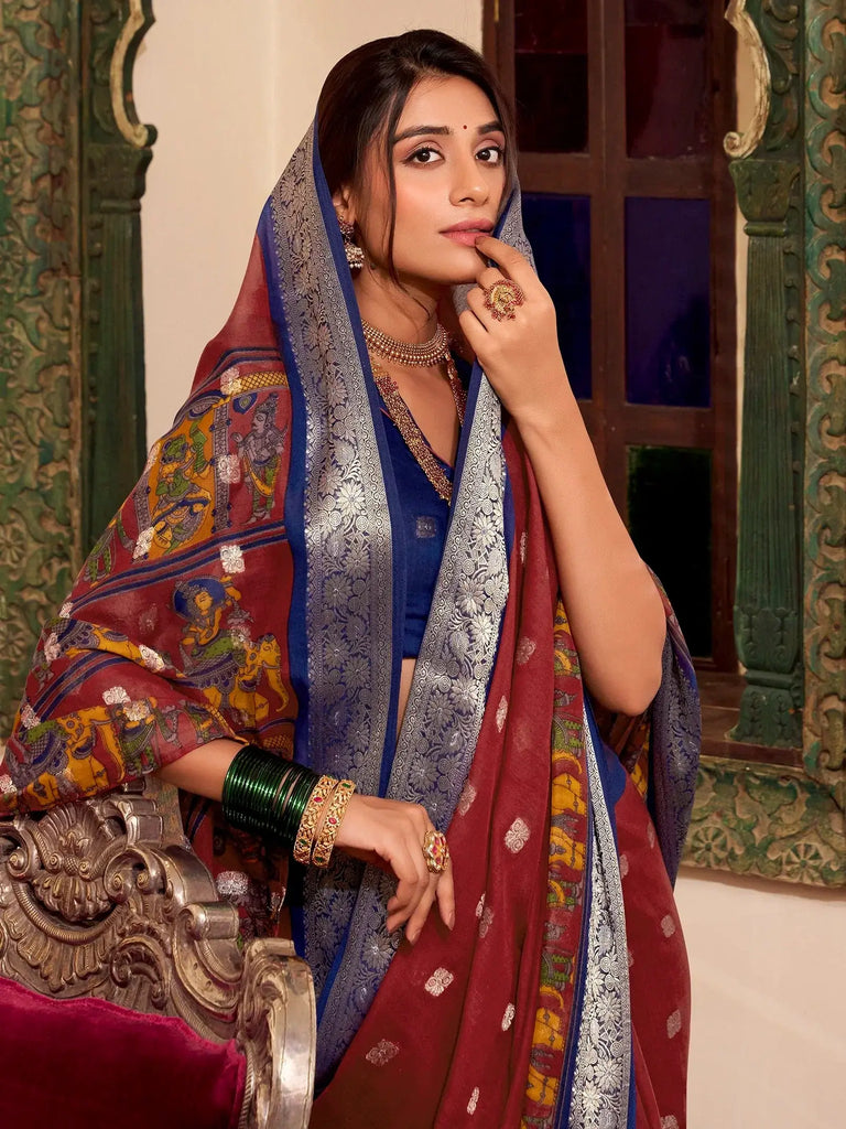Beautiful Maroon Kalamkari Printed Cotton Casual Wear Saree With Blouse