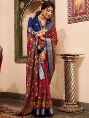 Beautiful Maroon Kalamkari Printed Cotton Casual Wear Saree With Blouse
