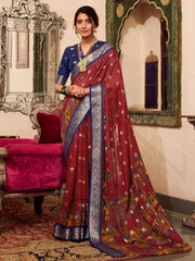 Beautiful Maroon Kalamkari Printed Cotton Casual Wear Saree With Blouse