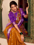 Amazing Mustard Yellow Kalamkari Printed Cotton Traditional Saree With Blouse