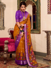 Amazing Mustard Yellow Kalamkari Printed Cotton Traditional Saree With Blouse