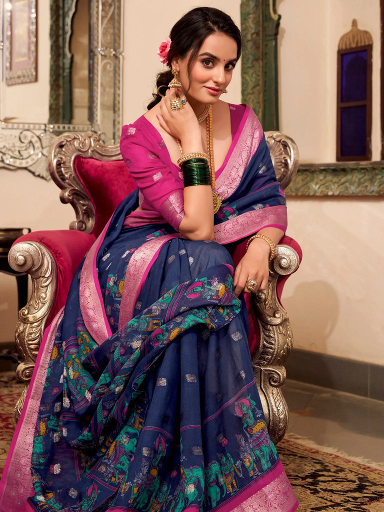 Astonishing Navy Blue Kalamkari Printed Cotton Office Wear Saree