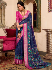 Astonishing Navy Blue Kalamkari Printed Cotton Office Wear Saree
