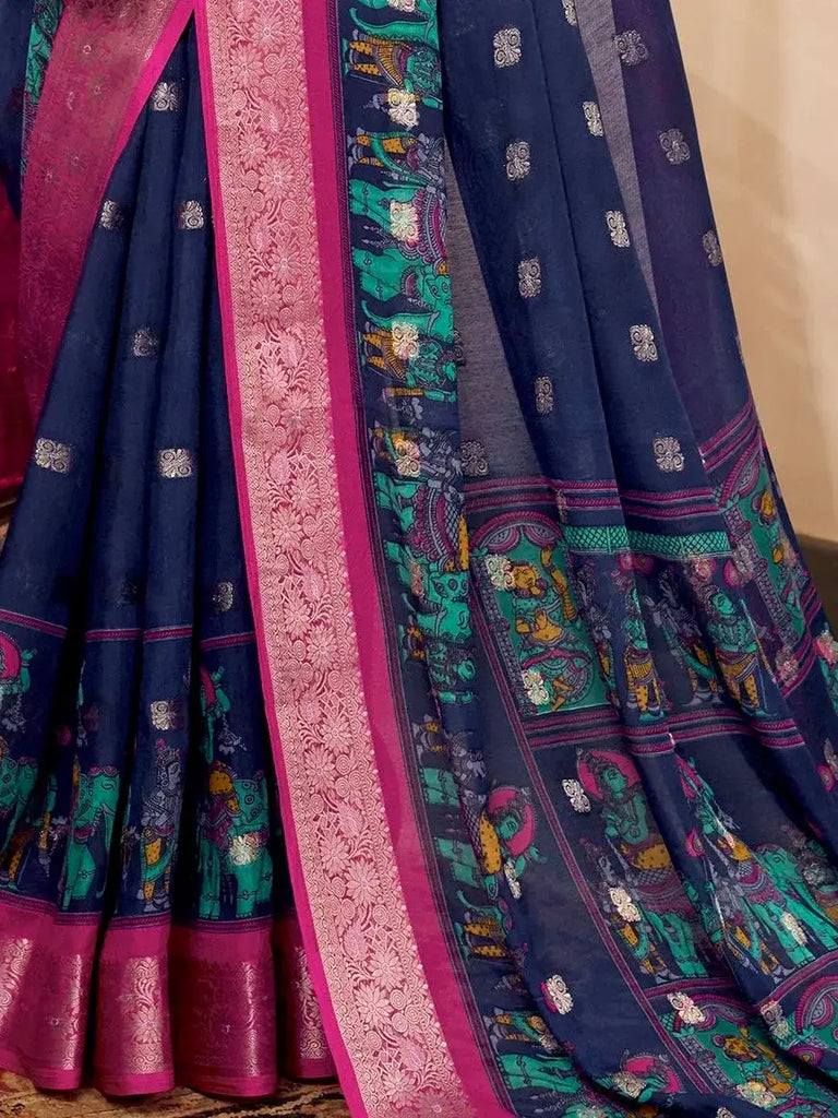 Astonishing Navy Blue Kalamkari Printed Cotton Office Wear Saree