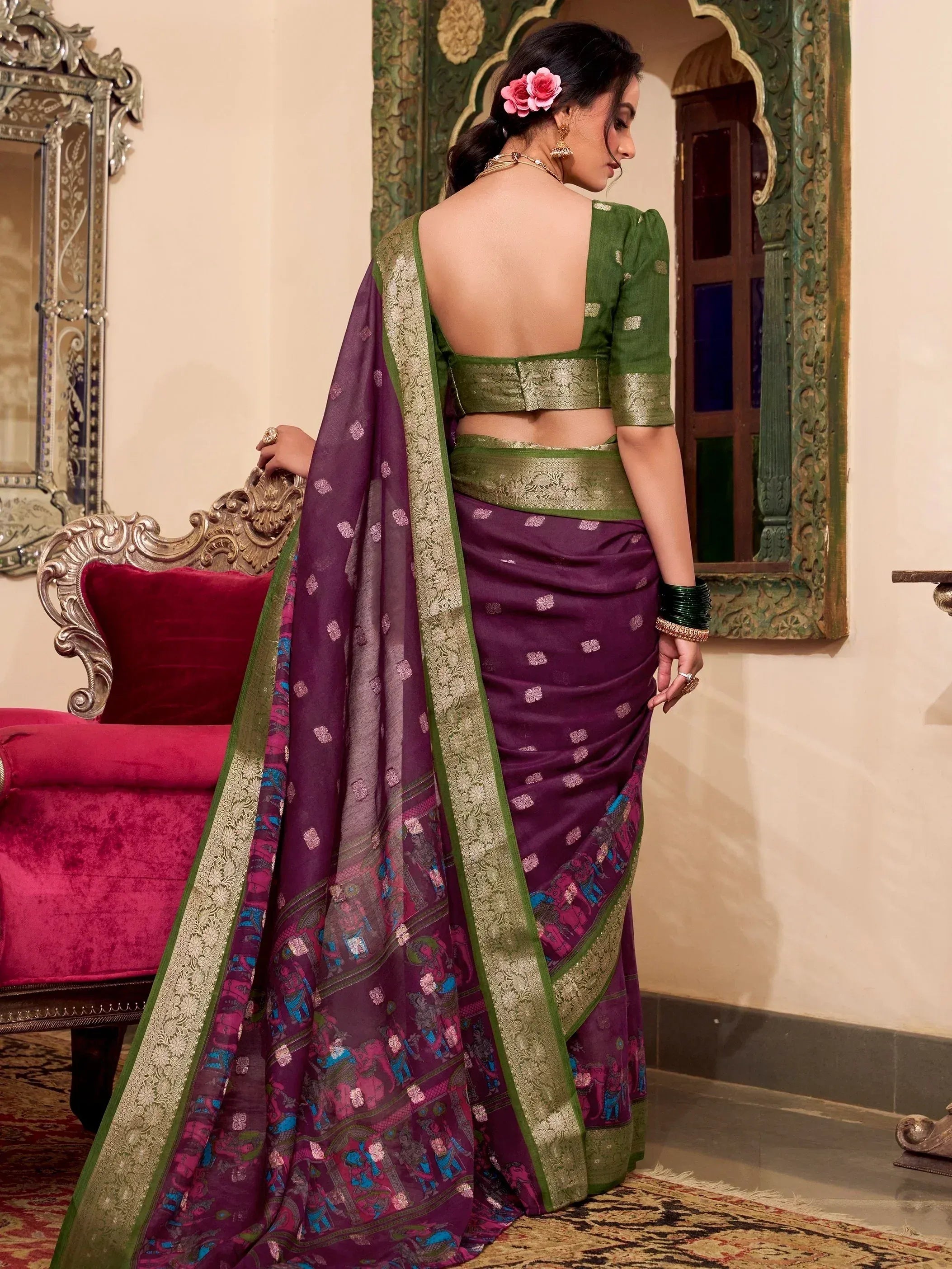 Purple and green designer saree with gold border, backless blouse, ethnic wear for women