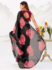 Dazzling Black Floral Printed Chiffon Casual Wear Saree With Blouse