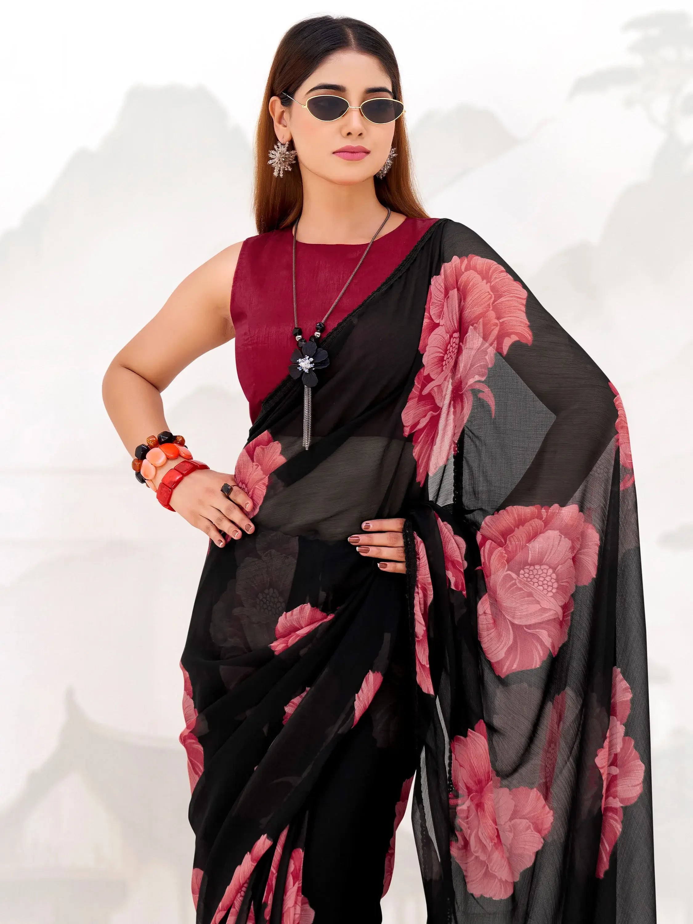 Dazzling Black Floral Printed Chiffon Casual Wear Saree With Blouse