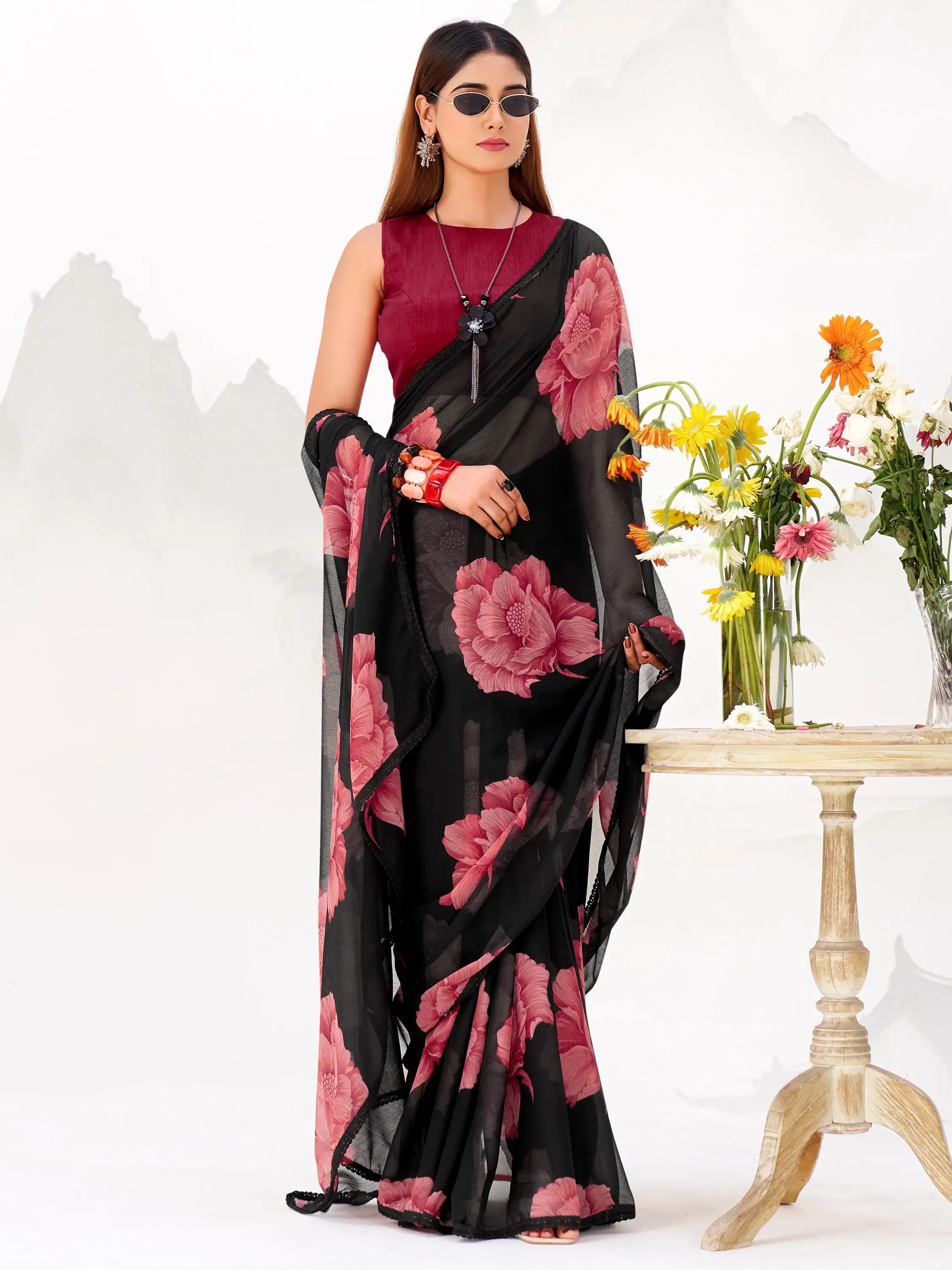 Dazzling Black Floral Printed Chiffon Casual Wear Saree With Blouse