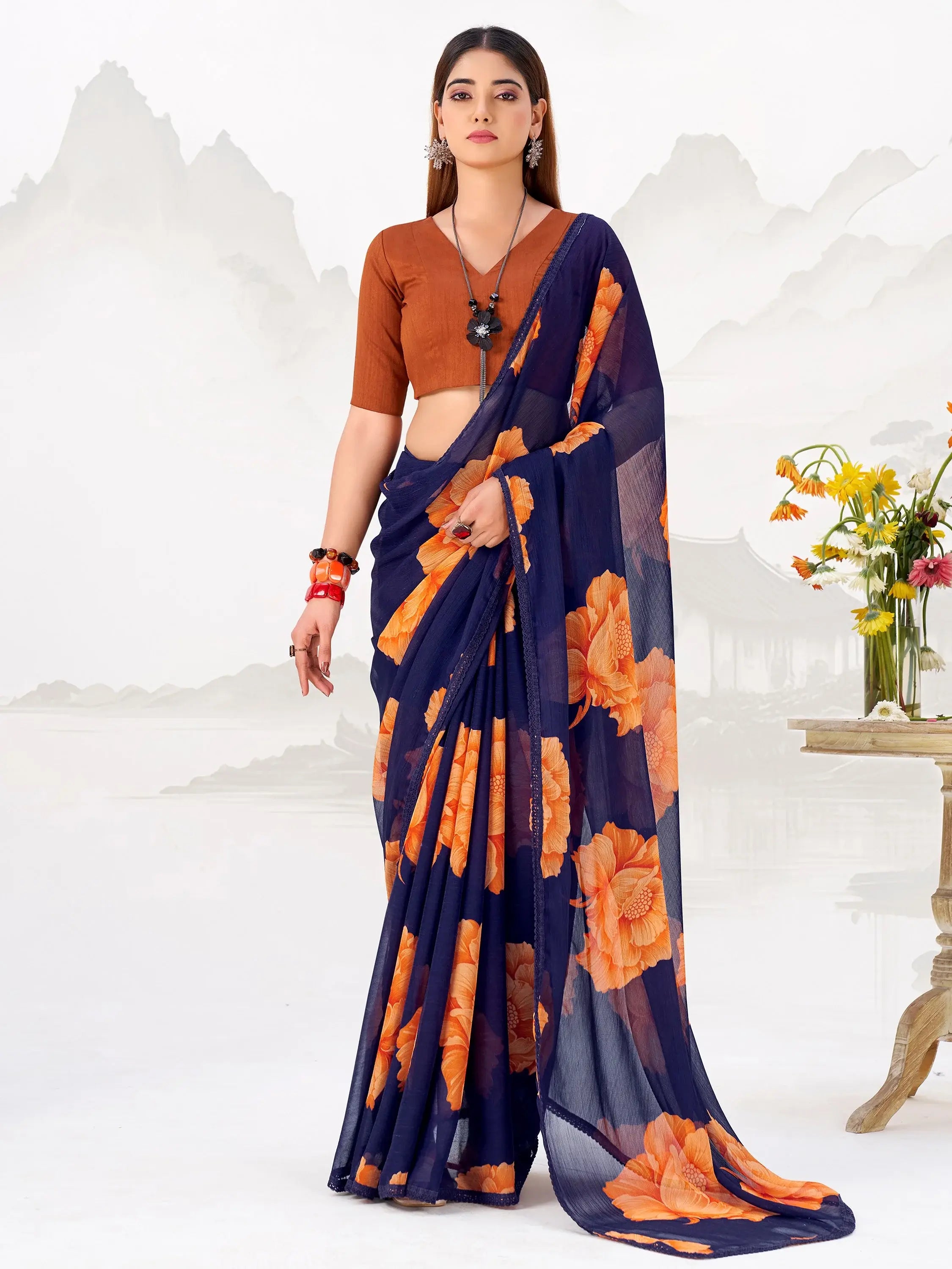 Impressive Blue Floral Printed Chiffon Casual Wear Saree With Blouse