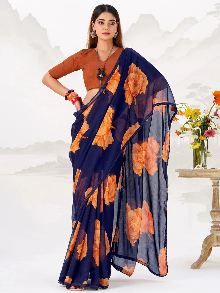Impressive Blue Floral Printed Chiffon Casual Wear Saree With Blouse
