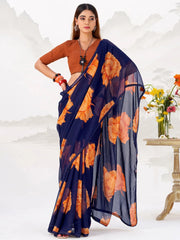 Impressive Blue Floral Printed Chiffon Casual Wear Saree With Blouse