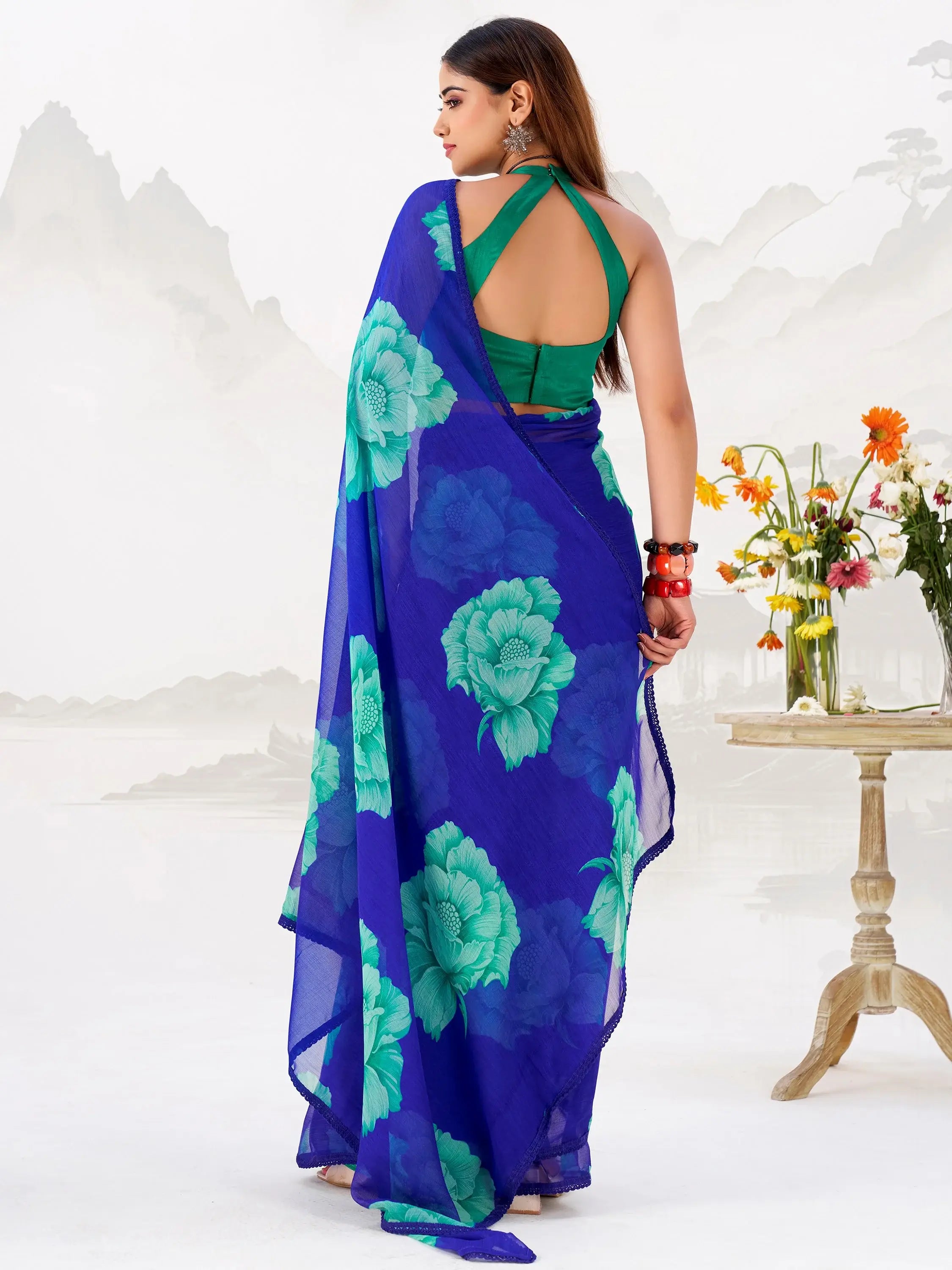 Stunning Blue Floral Printed Chiffon Office Wear Saree With Blouse
