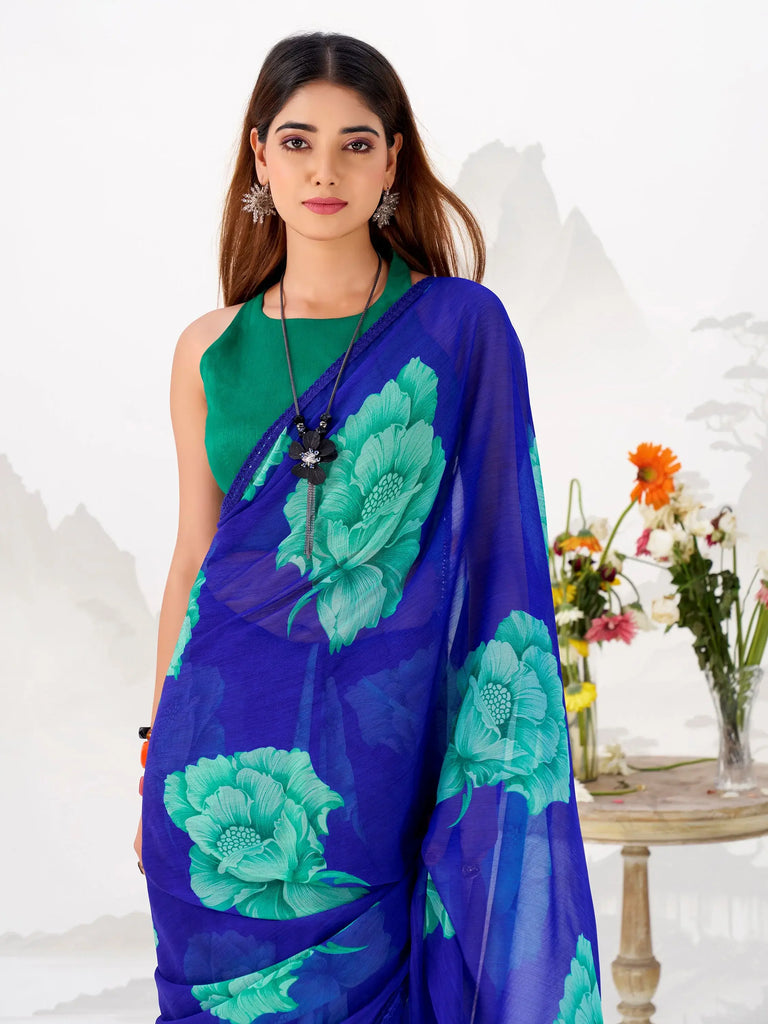 Stunning Blue Floral Printed Chiffon Office Wear Saree With Blouse
