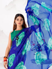 Stunning Blue Floral Printed Chiffon Office Wear Saree With Blouse