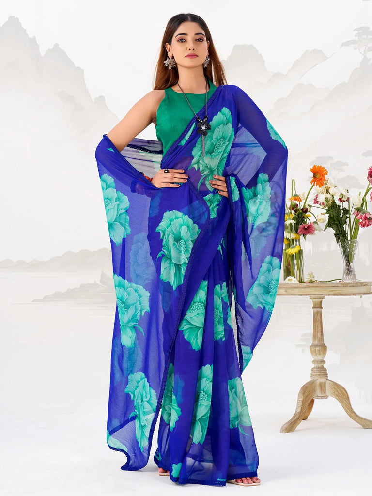 Stunning Blue Floral Printed Chiffon Office Wear Saree With Blouse