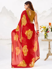Attractive Red Floral Printed Chiffon Office Wear Saree With Blouse
