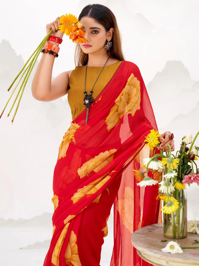 Attractive Red Floral Printed Chiffon Office Wear Saree With Blouse
