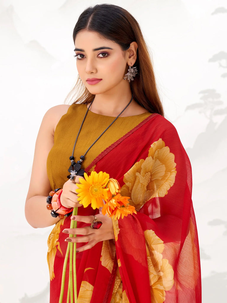 Attractive Red Floral Printed Chiffon Office Wear Saree With Blouse