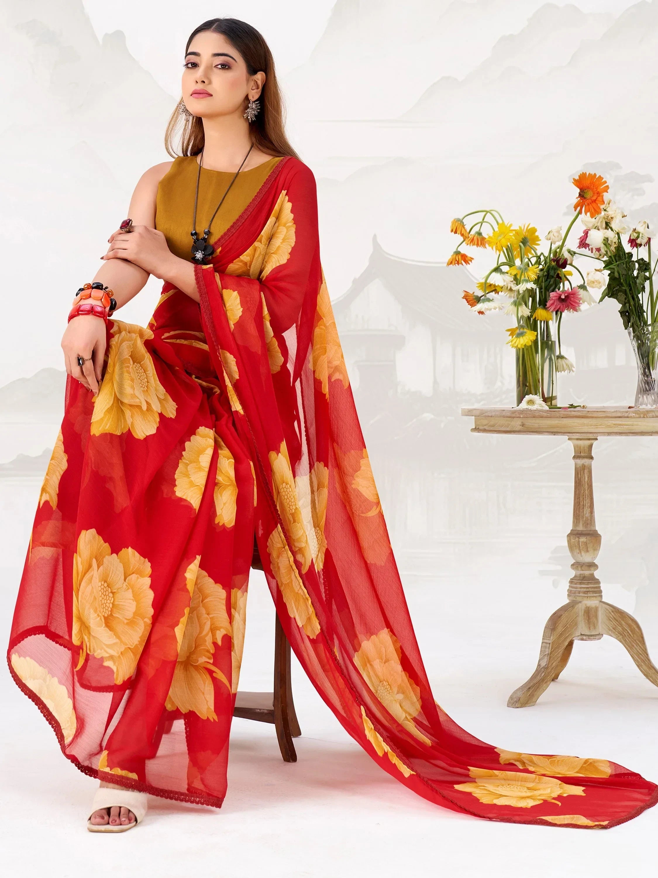 Attractive Red Floral Printed Chiffon Office Wear Saree With Blouse