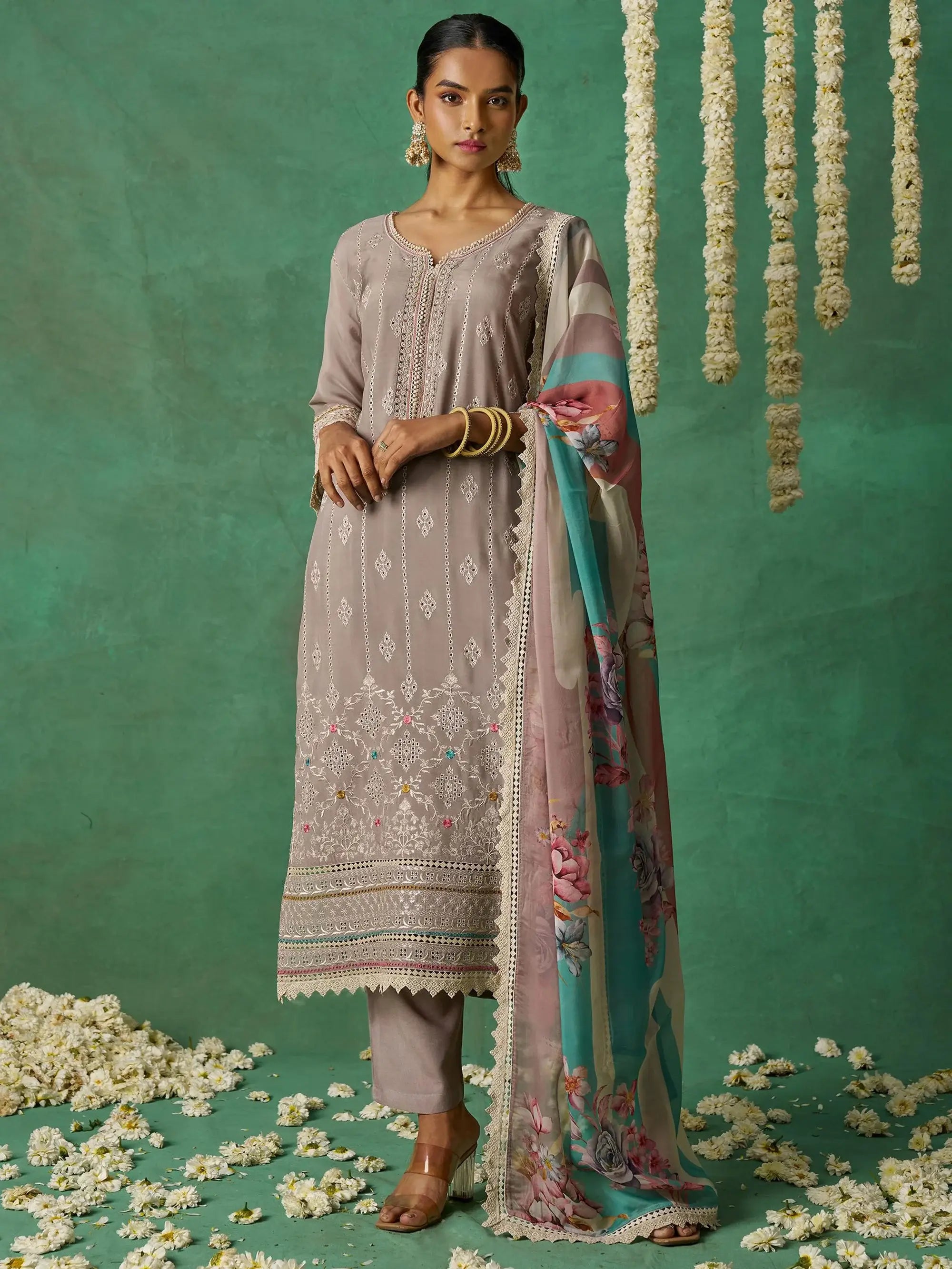 Pretty Grey Thread Embroidered Organza Festive Wear Straight Suit