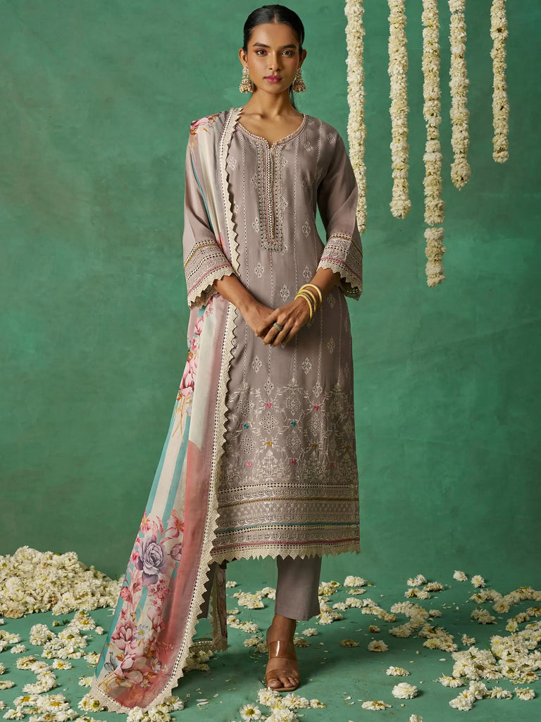 Pretty Grey Thread Embroidered Organza Festive Wear Straight Suit