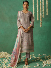 Pretty Grey Thread Embroidered Organza Festive Wear Straight Suit