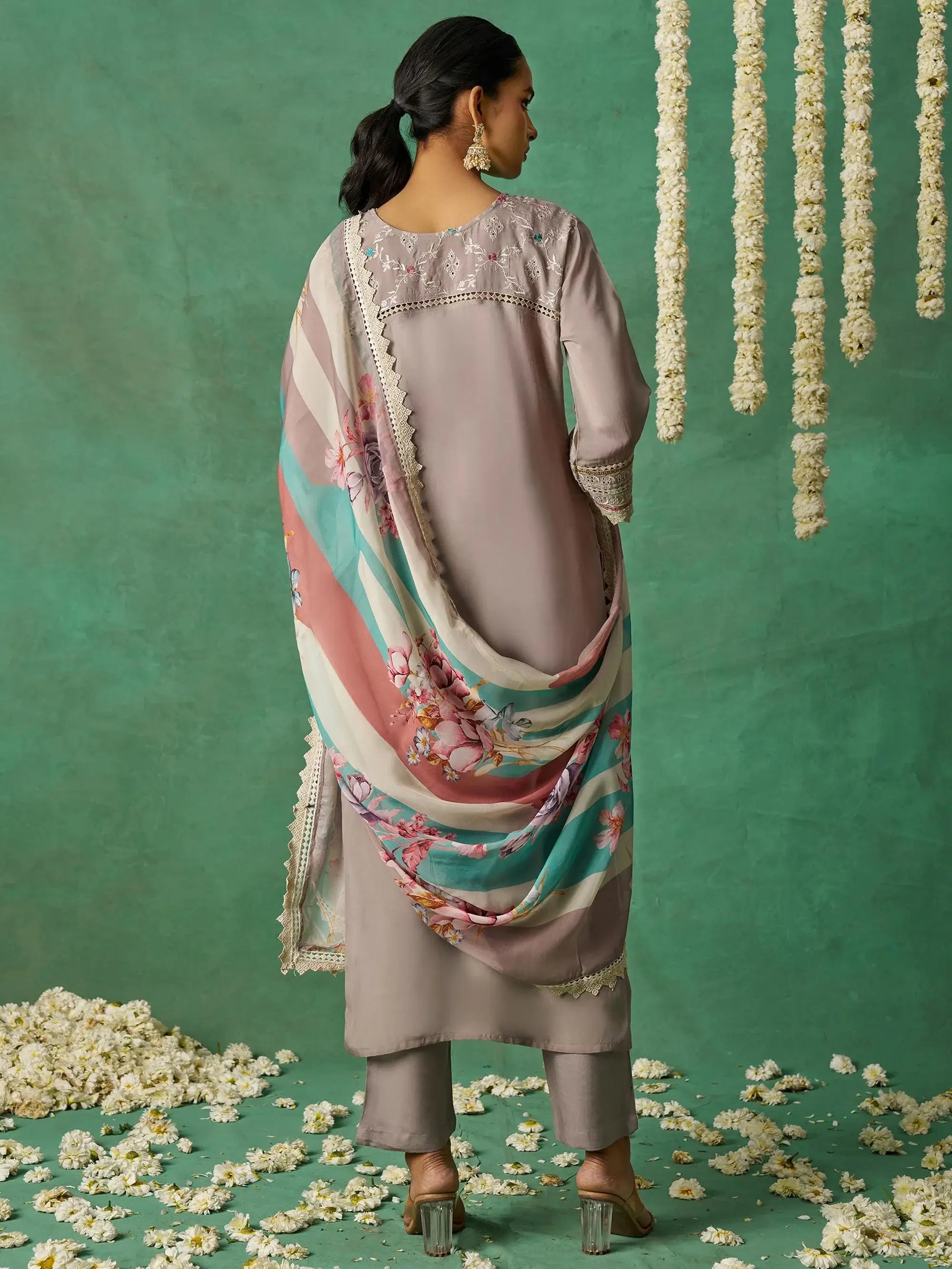 Pretty Grey Thread Embroidered Organza Festive Wear Straight Suit