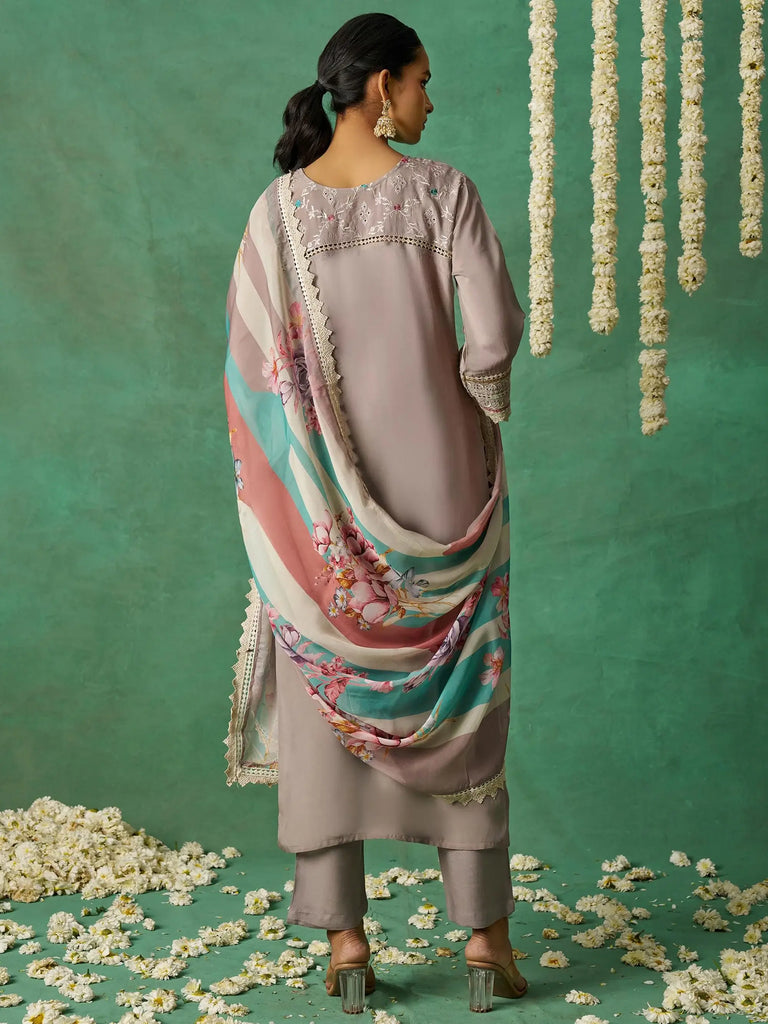 Pretty Grey Thread Embroidered Organza Festive Wear Straight Suit