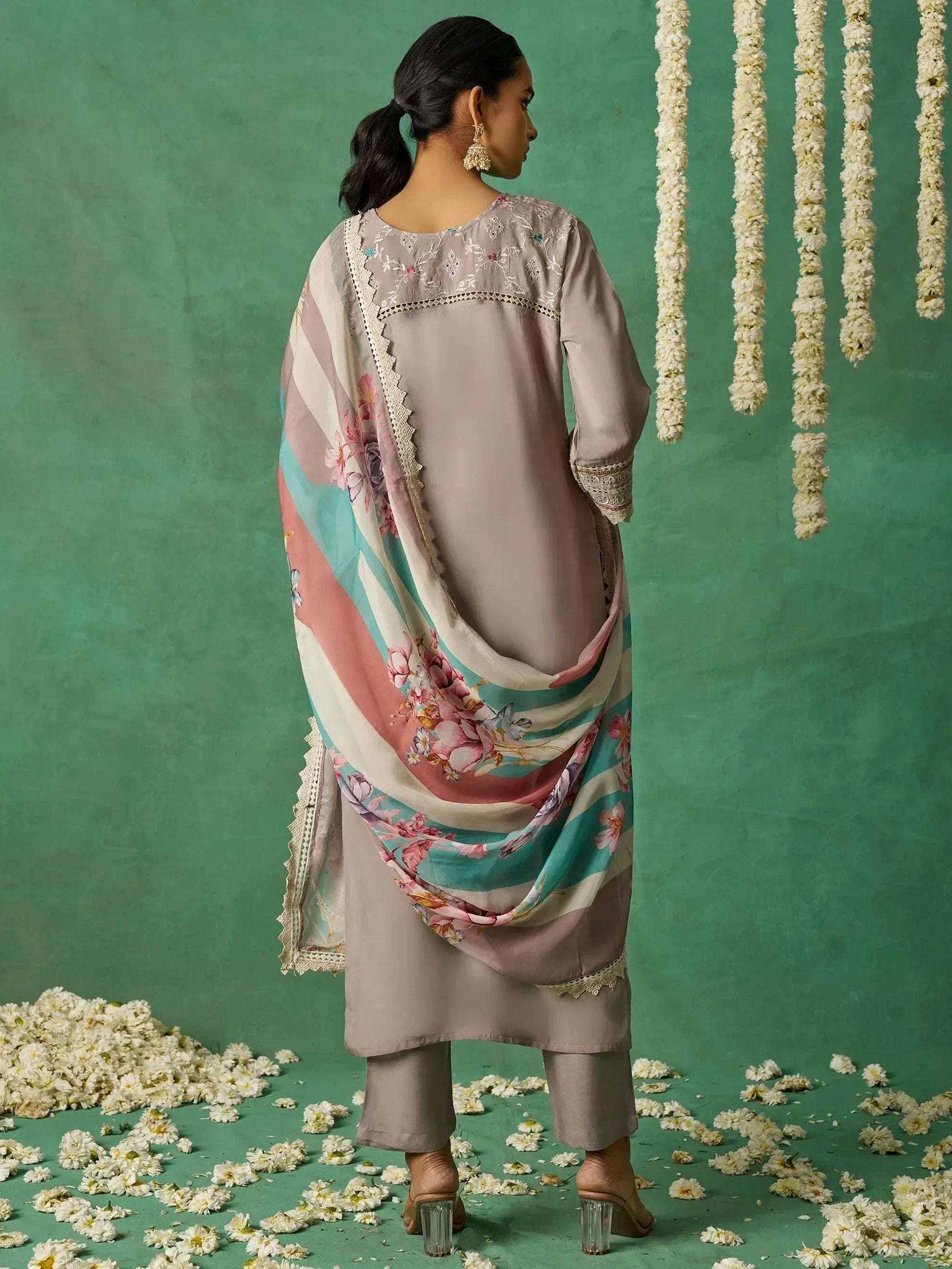 Pretty Grey Thread Embroidered Organza Festive Wear Straight Suit