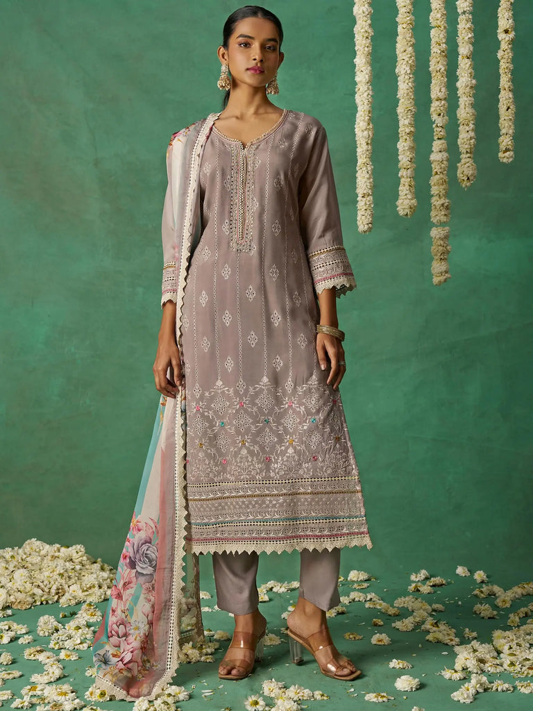 Pretty Grey Thread Embroidered Organza Festive Wear Straight Suit