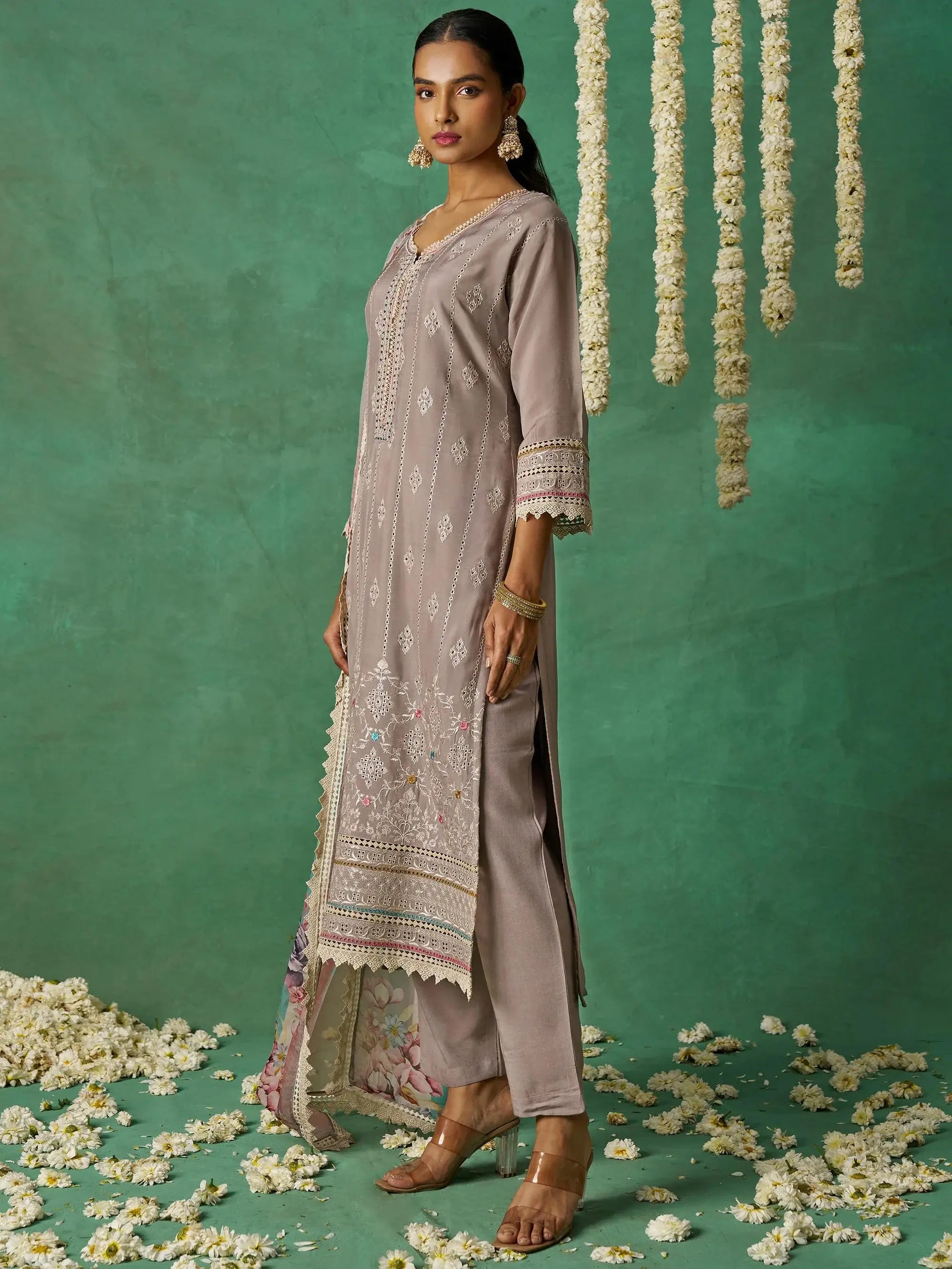 Pretty Grey Thread Embroidered Organza Festive Wear Straight Suit