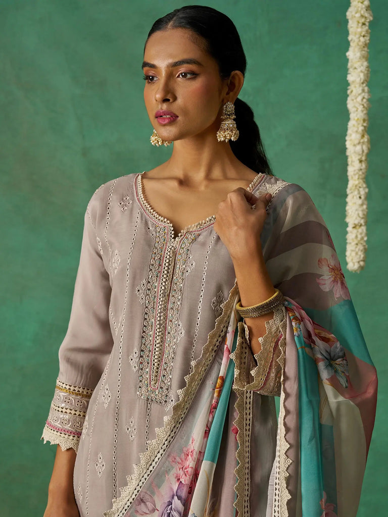 Pretty Grey Thread Embroidered Organza Festive Wear Straight Suit
