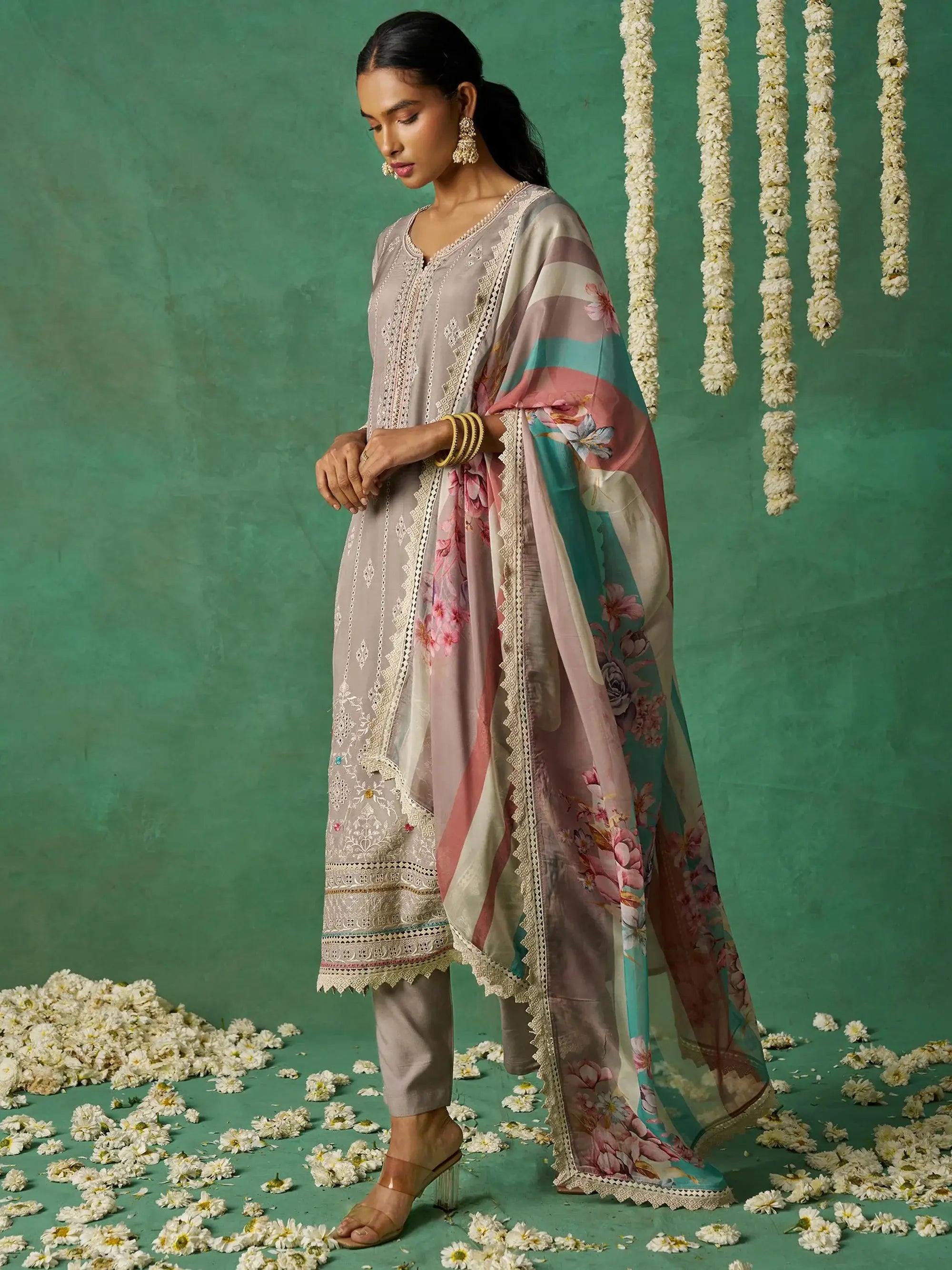 Pretty Grey Thread Embroidered Organza Festive Wear Straight Suit