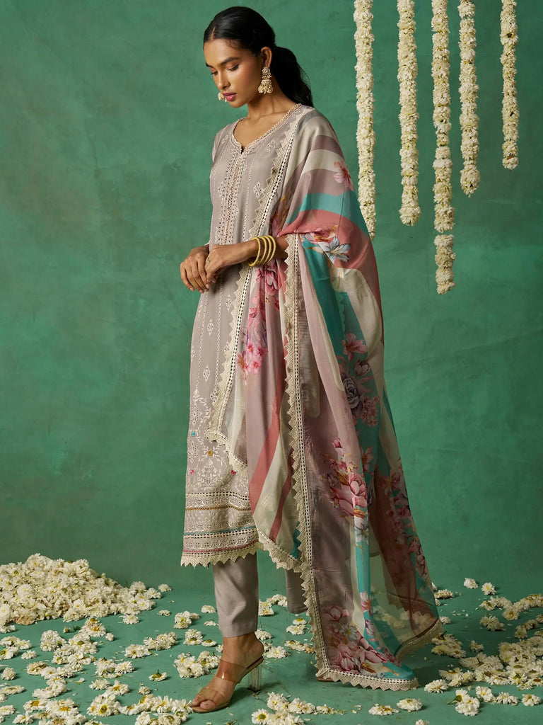 Pretty Grey Thread Embroidered Organza Festive Wear Straight Suit