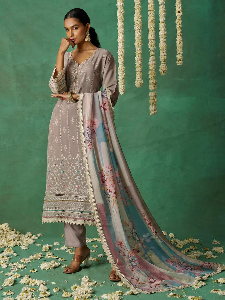 Amazing Grey Thread Embroidered Organza Festive Wear Salwar Kameez