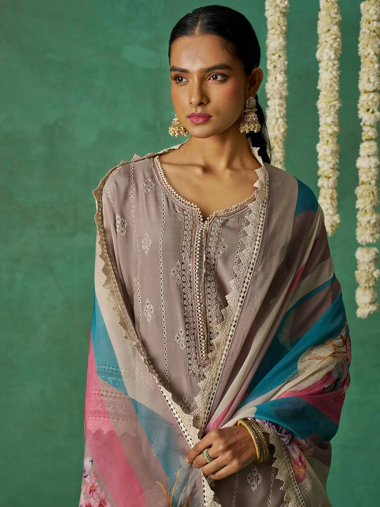 Amazing Grey Thread Embroidered Organza Festive Wear Salwar Kameez