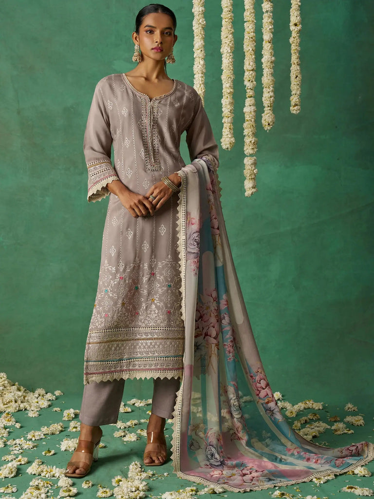 Amazing Grey Thread Embroidered Organza Festive Wear Salwar Kameez