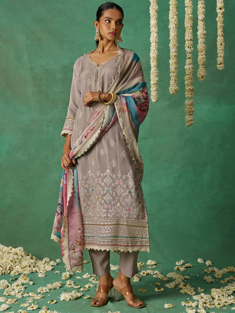 Amazing Grey Thread Embroidered Organza Festive Wear Salwar Kameez
