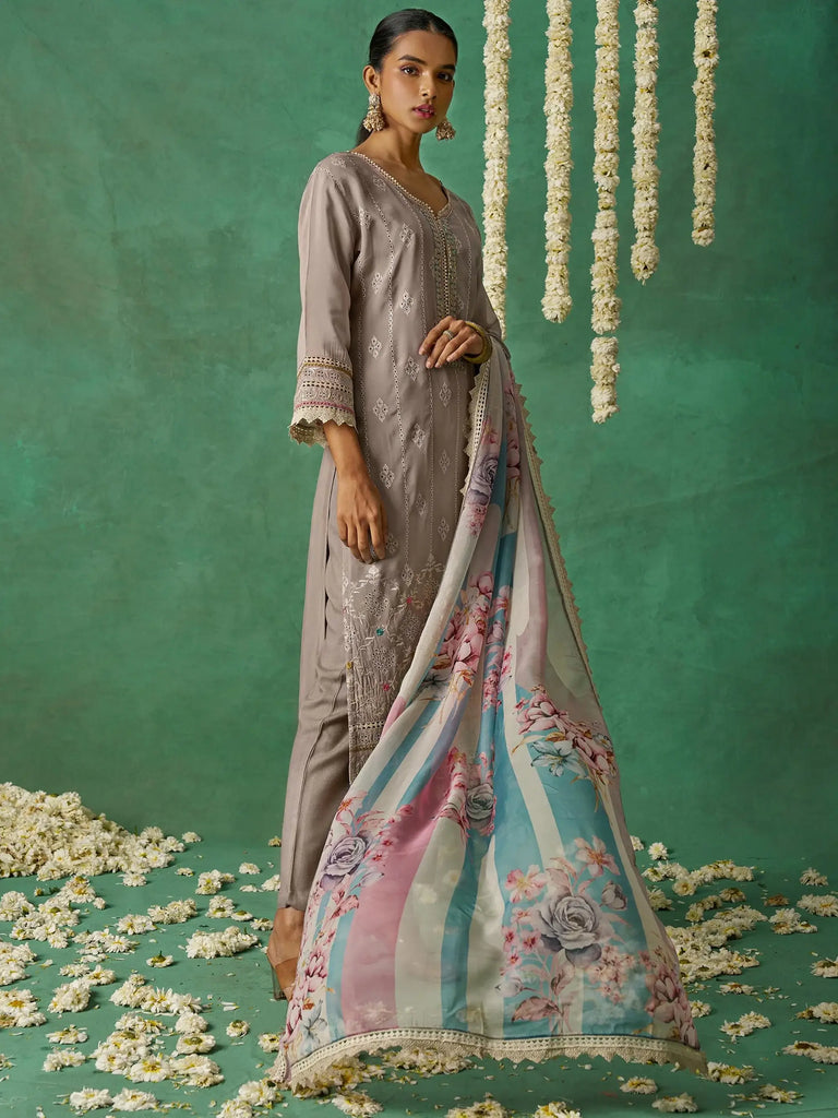 Amazing Grey Thread Embroidered Organza Festive Wear Salwar Kameez