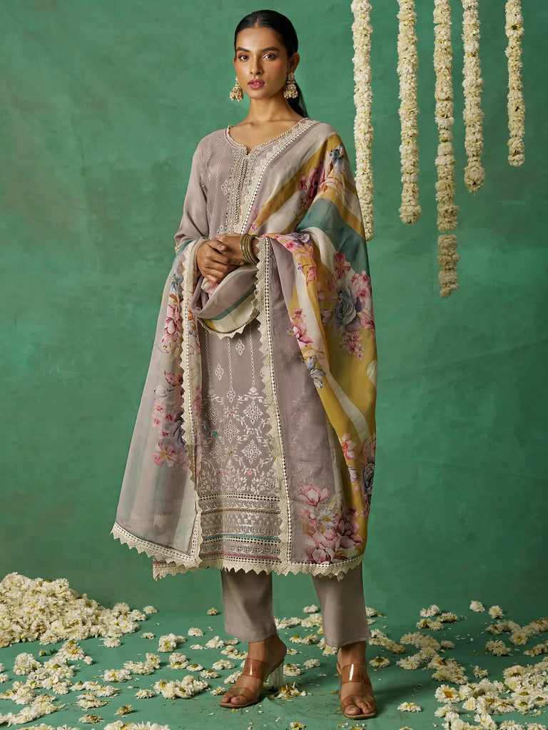 Classic Grey Thread Embroidered Organza Traditional Wear Salwar Kameez