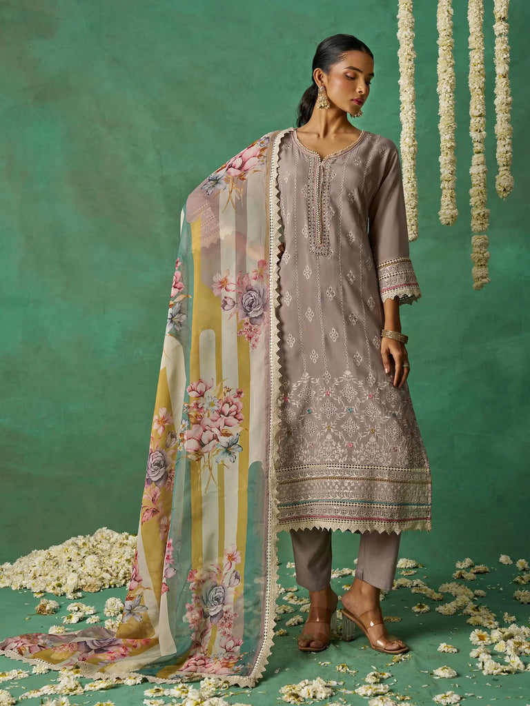 Classic Grey Thread Embroidered Organza Traditional Wear Salwar Kameez