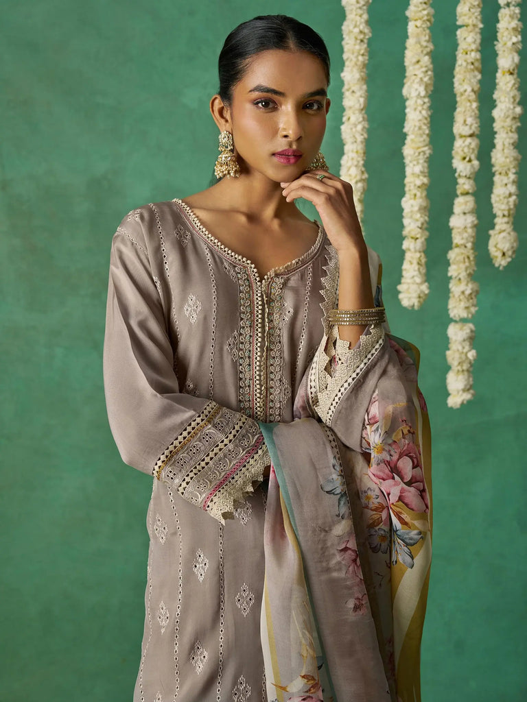 Classic Grey Thread Embroidered Organza Traditional Wear Salwar Kameez