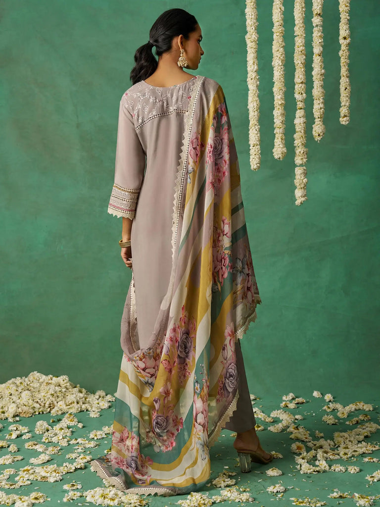 Classic Grey Thread Embroidered Organza Traditional Wear Salwar Kameez